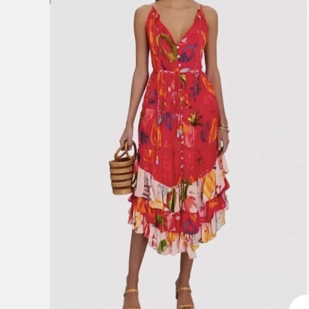 FARM Rio Mixed Fruit Oceans Midi Dress Small Red Ruffles Button Front - Picture 11 of 12